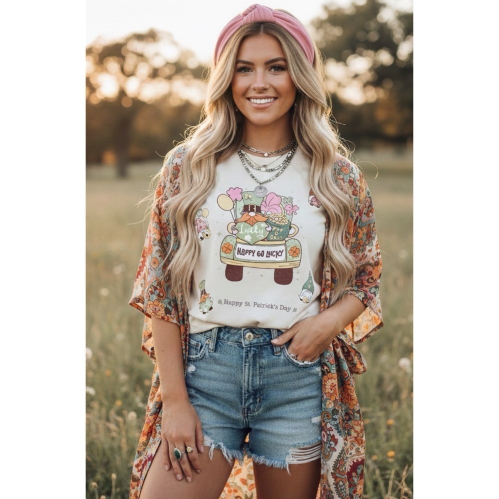 St. Patrick’s Day Gnomes Truck T-Shirt Boho Lucky Graphic Tee Vintage Style Sz L